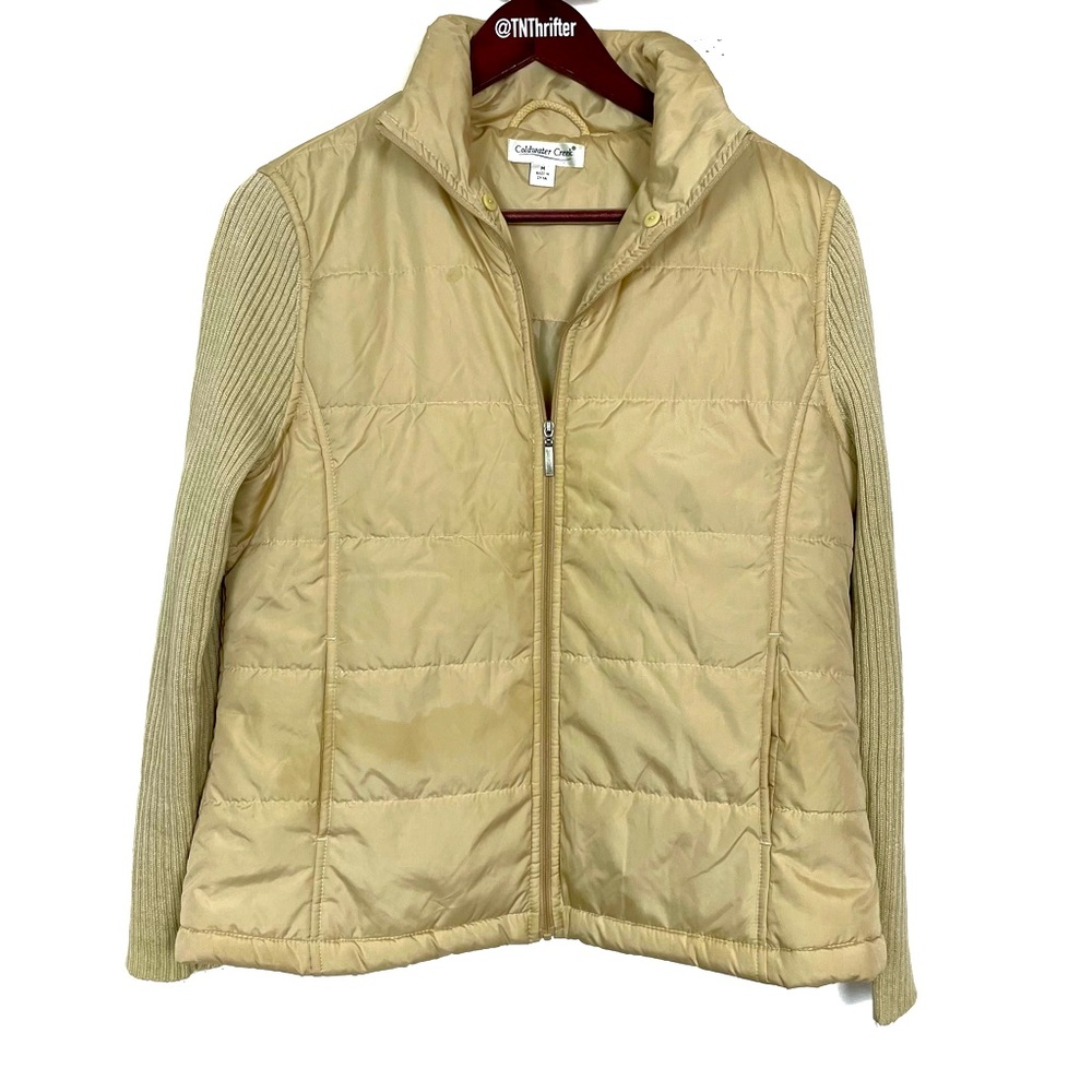 Coldwater Creek Women’s Zip Up Puffer Knit Jacket Medium Tan Beige Fall Cozy